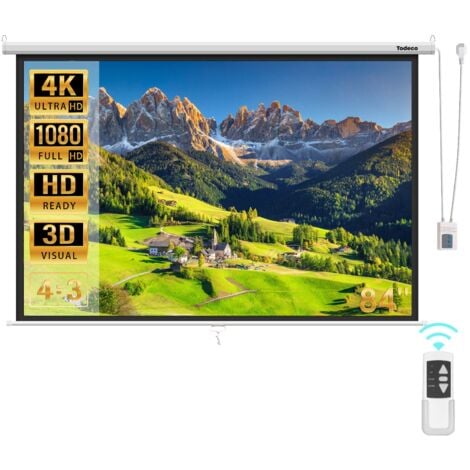 TODECO Motor Beamer Leinwand Elektrisch, Hängeleinwand 84 Zoll 128 x 170 cm, Format 4:3, Heimkino mit 4K Full HD 3D, Rolloleinwand für Heimkino und Präsentation, mit Fernbedienung