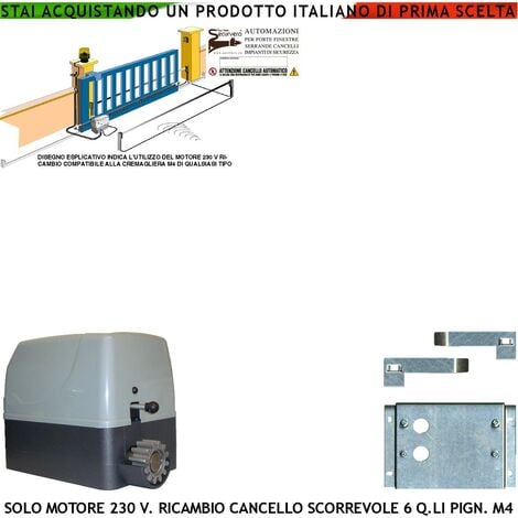 SECURVERA Motore 230 V Ricambio Cancello Scorrevole 6 Q.ntali Compatibile Elettronica a Norme CE di Qualsiasi Marca Fine Corsa Elettromeccanici Accessori di Fissaggio Condensatore Pignone M4 Per Cremagliera ABS