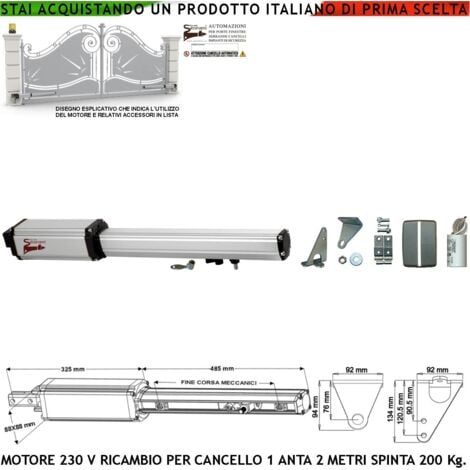 Motore Elettromeccanico 220 V Cancello Battente Anta 2 Metri Corsa Carrello 300 MM con Sblocco a Chiave Ricambio Automazione Originale Securvera con Finecorsa Meccanici Completo di Staffe Bulloni