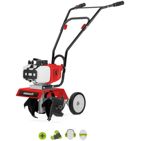 Motorhacke mit 65cc 3.7hp 2-Takt, Arbeitsbreite 30cm, Arbeitstiefe 15cm, empfohlene Arbeitsfläche 30m2, 4 Schneidwerke - Greencut GTC130X