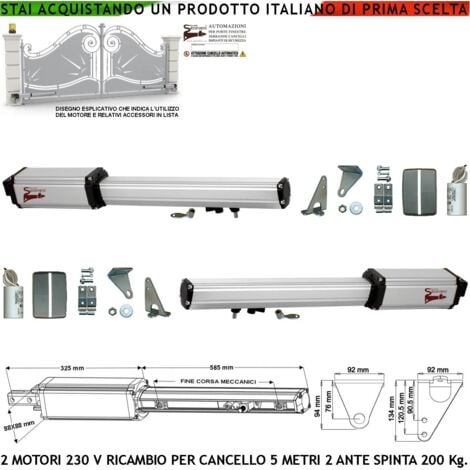 Motori Elettromeccanici Attuatore 220 V Corsa 400 MM Spinta 2 Q.li Ricambio Cancello Automatico 5 Metri 2 Ante 2 Condensatori 16 µF Kit Staffe Chiave Sblocco nel Carrello di Traino Compatibili Elettro