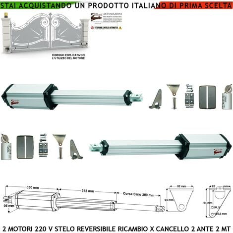 Motoriduttori Elettromeccanici per Cancello 2 Ante Battenti da 2 Metri Stelo Retrattile Reversibile Corsa 300 mm 230 V Spinta 250 Kg Ricambio Universale Securvera Completi di Staffe e Bulloni