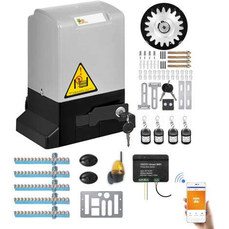 M-E Motorisation Portail Coulissant Ouvre-Porte + 4 Télécommandes + 5 crémaillères + Feu A LED + Récepteur WIFI intelligent - 600 kg 12 m Maxi par vantail