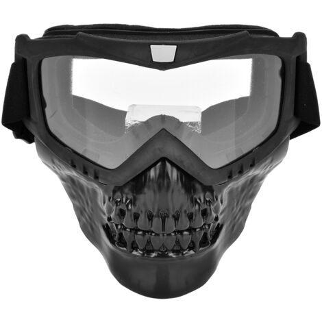 Motorrad-Gesichtsmaske mit Totenkopfmotiv und integrierter Rennbrille (Transparent)