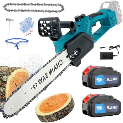 PEDONY Motosega a batteria, Motosega elettrica a batteria senza spazzole da 12 pollici, Motosega lubrificata con catene + 2 batteria da 5,5 A + caricabatterie, compatibile con batteria Makita