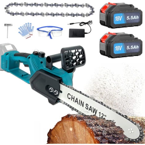PEDONY Motosega elettrica con filo, Motosega a batteria, Motosega a batteria da 12 pollici, Taglialegna elettrica portatile + Catena +2x Batteria da 5,5 A + Caricabatterie, Compatibile con Batteria Makita