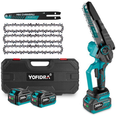Motosega elettrica senza spazzole da 8 pollici Ricaricabile senza fili per la lavorazione del legno Strumento per potatura da giardino con 2 batterie + cassette degli attrezzi + Include 4 catene