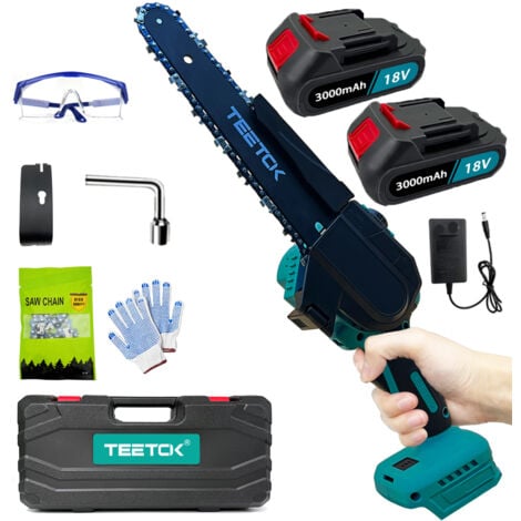 TEETOK Motoseghe a batteria, motosega elettrica senza fili da 8", mini taglialegna portatile, potente motosega con custodia + 2 batterie da 3000 mAh + caricabatterie,Compatibile con la batteria Makita