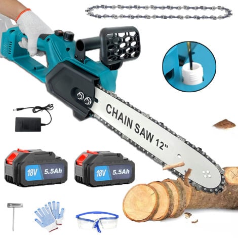MAWIRON Motoseghe senza fili, motosega brushless da 12" per impieghi gravosi, sega elettrica a una mano, taglialegna, con 2 catene, 2 batterie da 5,5 A + caricabatterie, compatibile con batteria Makita
