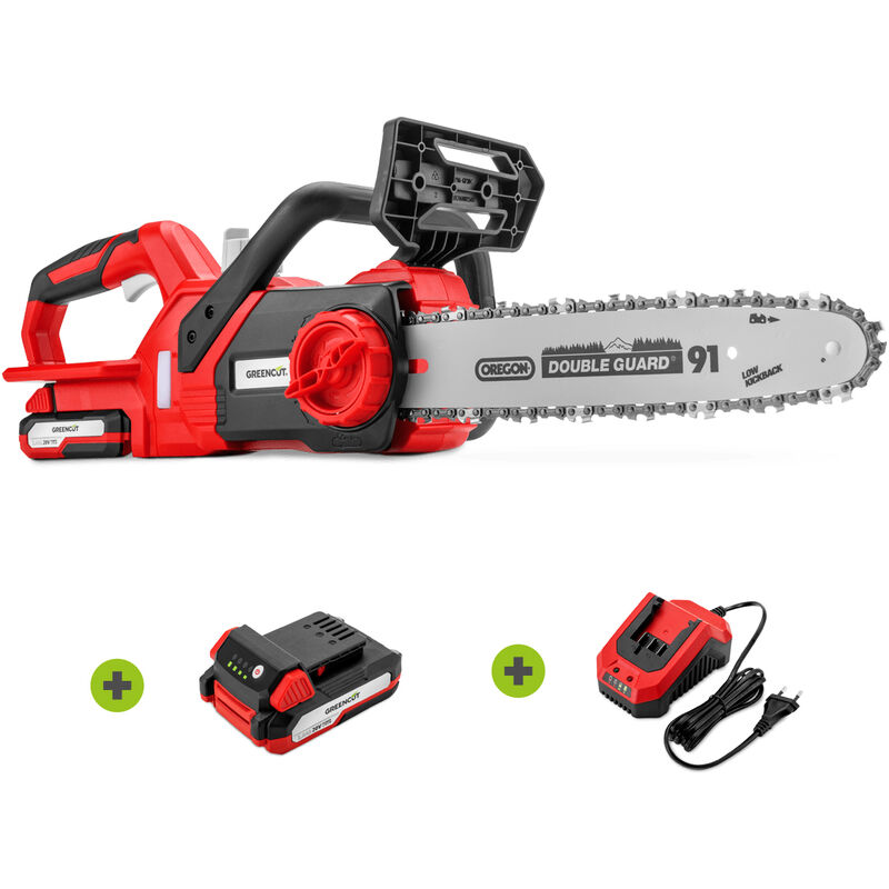 

Greencut - Motosierra inalámbrica 20V 12' Oregon, incluye batería de litio y cargador, longitud espada 30.4cm, velocidad máxima 5m/s, kit sierra de