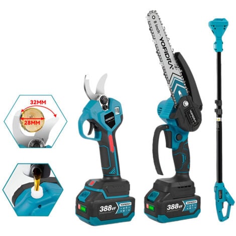 ONEVAN Motosierra de batería Brushless de 8 pulgadas y tijera de podar eléctrica de 28 mm, con pértiga telescópica ajustable (1-1,7 m), con dos baterías y cargador