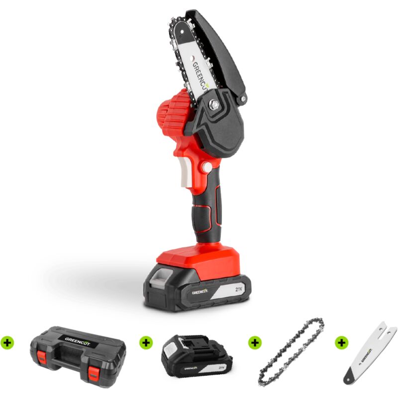 

Greencut - Mini motosierra de mano portátil, batería de litio 21V (x2), espada 101.6mm (4'), incluye 1 sierra y 1 cadena extra, cargador y maletín