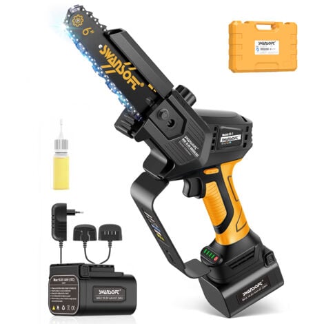 Motosierra profesional de batería de 6' con lubricación automática, mini motosierras de una mano con batería de litio de 16.8V 2x4 ah para cortar madera, frutas y aceitunas. Amarillo