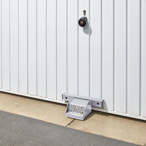 Mottez – Antivol porte de garage en acier – Cadenas Diskus inclus – Fixation au sol avec sabot – Compatible tous types de portes