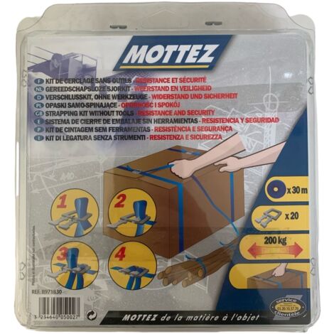 Mottez – Kit de cerclage 30m – 20 boucles pour sécuriser cartons – Ruban adhésif de fermeture pour usage intensif – Longueur 30m - B971B30