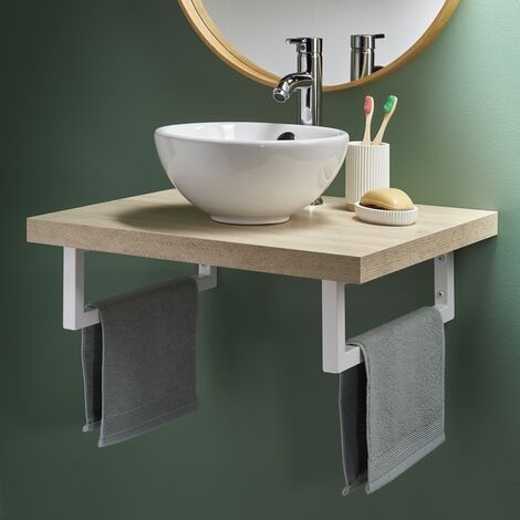 Mottez – Lot de 2 équerres de fixation blanches 43 cm – Charge maximale 75 kg – Porte-serviette intégré pour salle de bain