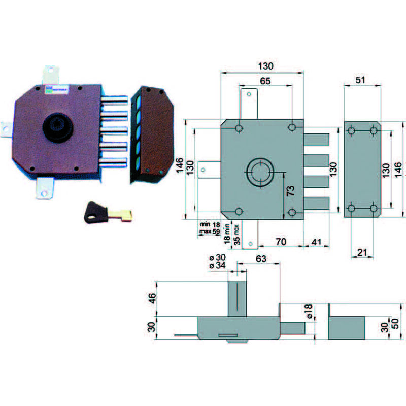 Image of Serratura quintuplice da applicare senza scrocco a pompa 30640 - mm.60 dx cilindro ø mm.34 (30640vd60j)