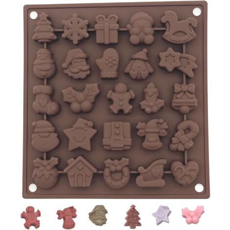 LONGZIMING Moule à chocolat de Noël, 1 lot de 25 cavités de Noël en silicone, moule à bonbons, moule à gâteau antiadhésif avec formes sur le thème de Noël pour gâteau au chocolat bricolage