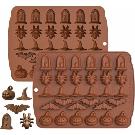 Moule à chocolat d'Halloween – 2 pièces 30 cavités en silicone moule à fondant en forme de citrouille, chauve-souris, chapeau de sorcière, araignée, pierre tombale pour Halloween (Café)