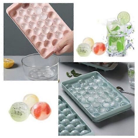Moule à glaçons rond en plastique (lot de deux) avec couvercle, pour réfrigérateur ou glaçons (bleu et rose).
