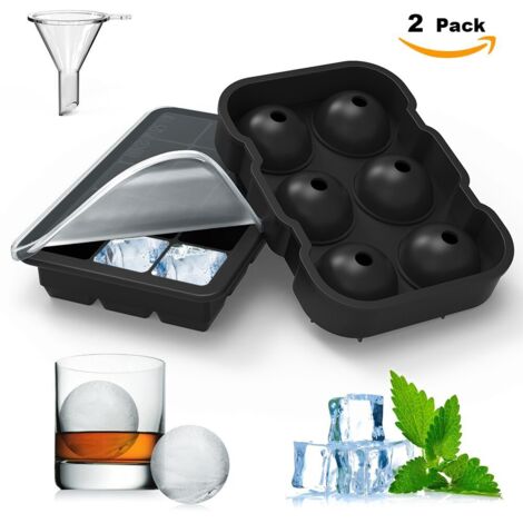 Moule à glaçons silicone - 2 pièces, 6 moules boules, 6 moules cubes avec couvercle et entonnoir, trays réutilisables pour whisky et cocktails