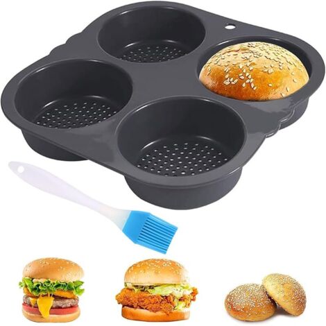 Moule à Pain Hamburger Silicone Rond avec Revêtement Antiadhésif & Brosse, Plaque Buns Burgers 4 Trous, 10cm Ø Plateau Burger Bun pour Petits Pains, Soufflés, Tartelettes, Muffins œufs, Tartes,Gâteaux