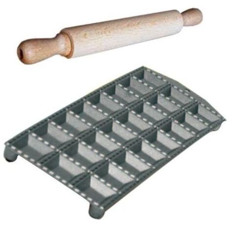 Moule à raviolis géants 24 en aluminium moulé avec rouleau en bois naturel – Base en acier émaillé – Pieds antidérapants – Ottinetti