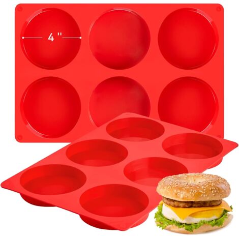 Moule à sandwich rond en silicone rouge de 10 cm (2 lots) (convient pour les morceaux d'œufs, le pain à hamburger, le pain de viande, les muffins anglais)