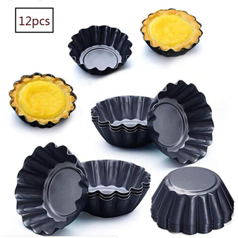 Moule à tartelettes aux œufs 12 pièces, 7,5 cm, mini-moule à gâteaux, moule à crêpes en acier au carbone (noir)