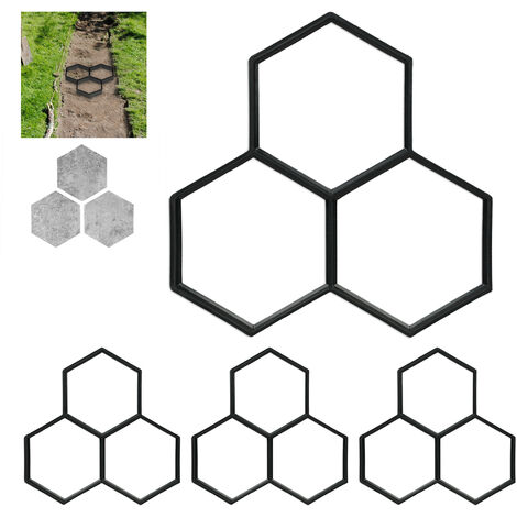 Moule de plâtre, lot de 4, hexagonal, pavés, plaques de marche, en béton, en fonte HlP 4 x35,5x37 cm, noir
