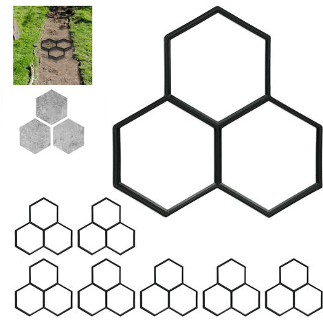 Moule de plâtre, lot de 8, hexagonal, pavés, plaques de marche, en béton, en fonte HlP 4 x35,5x37 cm, noir