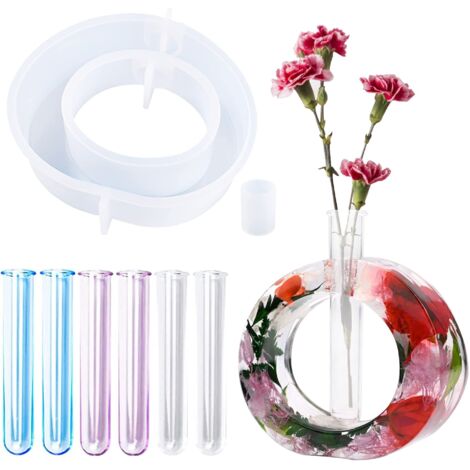 Moule en résine pour station de propagation des plantes, vase rond en silicone pour moulage de résine avec 6 tubes à essai en acrylique pour plantes hydroponiques, décoration de bureau à