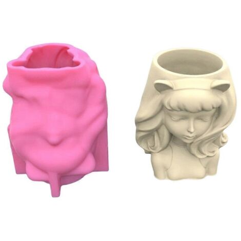 Moule en silicone 3D pour pot de fleurs en forme de fille aux oreilles de chat, pour plantes succulentes en béton et résine.