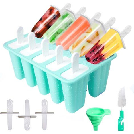 Moule Glace 10 Cavités , Avec Batonnet Glace , Brosses Et Entonnoirs Pliants , Silicone Moule à Glace Pour Glace , Sans BPA (Vert)
