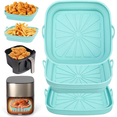 Moule Silicone Air Fryer, 3 Pièces Moule Panier Friteuse à Air Chaud Réutilisable Airfryer Plat Carré Pliable Doublure Liners pour Friteuse Air, Micro-ondes, Four (Bleu)