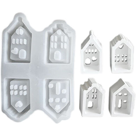 Moule silicone maison style européen petit, maison lumière ambiance, moule plâtre epoxy (modèle X798 maison nouvelle 4 pièces)