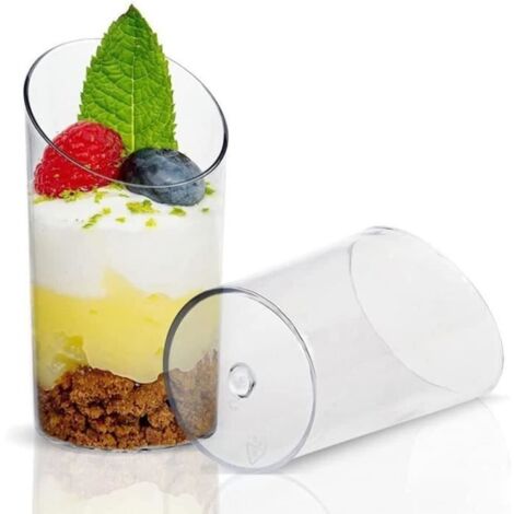 Moules à dessert, 100 mini gobelets à dessert biseautés, 80 ml de gobelets à dessert ronds en plastique, transparents, 8,5 x 4,5 cm
