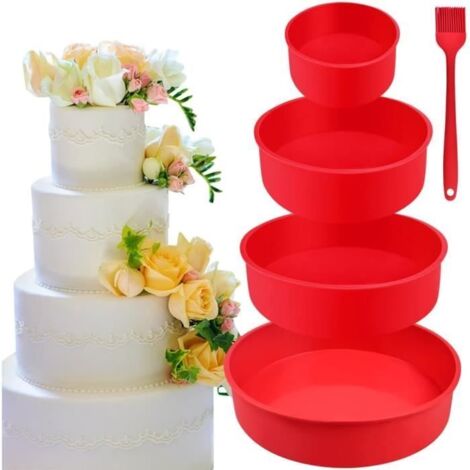 Moules à Gâteau - Rouge - Set de 4 en Silicone - Antiadhésif - Compatible Lave-Vaisselle - 10/15/20/25cm