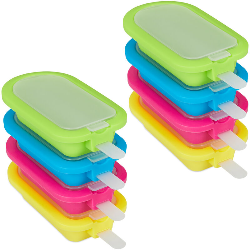 Moules à glace, lot de 8, avec bâtonnes et couvercle, moule sucette glacée, silicone, glaces, multicolore - Relaxdays