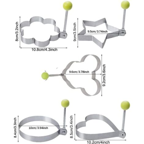 Moules à œufs en acier inoxydable. 5 formes différentes : cœur, rond, fleur de prunier, Mickey Mouse et étoile.