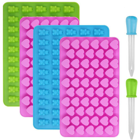Moules en silicone pour chocolat et glaçons, 4 pièces avec coeurs et oursons, avec 2 pipettes, pour gelée, chocolat, oursons gommeux, bonbons
