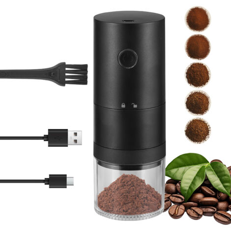 Moulin à café électrique portable avec 38 niveaux de mouture, broyeur conique céramique 5 lames, rechargeable, bidon 120ml transparent, noir