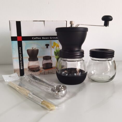 Moulin à café manuel en verre avec meule céramique, capacité XL, réglage de mouture, style vintage pour maison
