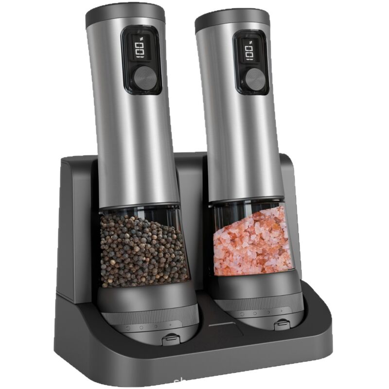 Moulin à poivre automatique avec indicateur de niveau de batterie et base rechargeable Salière en acier inoxydable, 5 niveaux de grain réglables,