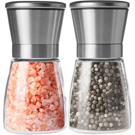 Moulin à Poivre et Sel, Broyeurs en Acier Inoxydable Brossé et Verre Meule en Céramique Réglable Broyeur à Épices 2pcs
