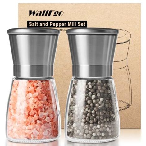 Moulin à Poivre et Sel, Broyeurs en Acier Inoxydable Brossé et Verre Meule en Céramique Réglable Broyeur à Épices Lot de 2 [Sans contenu d'épices]