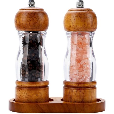 Moulin à Sel et Poivre - Base en Bois - Mécanisme Céramique Réglable - Pour Cuisine et Décoration Rustique - Lot de 2