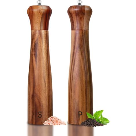 Moulin à Sel et Poivre en Bois d'Acacia - 10 Pouces - Noyau Céramique Réglable - Pour Table - Lot de 2