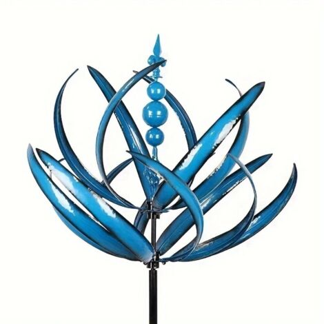 Moulin à Vent de Jardin 3D en Métal, Décoration Extérieure Bleu à Rotation par le Vent
