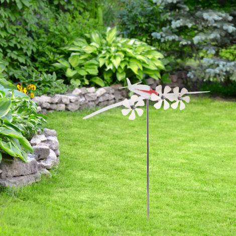 【Moulin à vent décoratif】 GIRAVION - Sculpture métal forgé pour jardin, patio, balcon, 29 cm - Équipage complet 3 avions avec roues